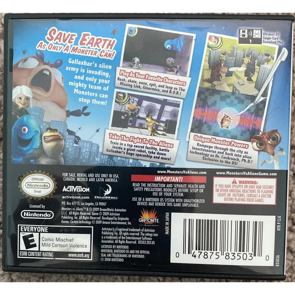 MONSTERS VS ALIENS‎ kids game complete in case w/ manual - Nintendo DS or 3DS